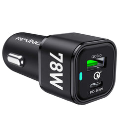 REXING JETSPEED Black 78W PowerDrive+ USB-C/USB Car Charger 2 Port QC3.0/PD3.0 Power delivery for Dashcam/Android/iPhone/iPad/MacBook/Windows Fast Charge Dual USB Car Cigarette Lighter Adapter