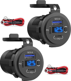 SUTNSCW 12V USB Outlet Dual USB C Car Charger Socket & Quick Charge 3.0 Port with Voltmeter and Power Switch for Car Boat Marine Truck 2 Pack