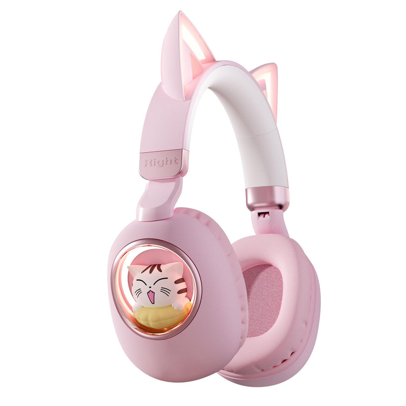 Xmenha Pink Cat Ear Headphones for Kids Cute Children Girl Wireless Bluetooth Headphones for School Kindergarten Light up Kawaii Kitty Noise Cancelling Headphones for Kids Teens Child Airplane