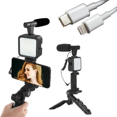 White Isle Grip Smartphone Vlogging kit for Apple & Android Includes USB-C & iPhone Lightning Cable YouTube Starter Kit Podcast Equipment Tripod Shotgun Mic led Light Phone Holder