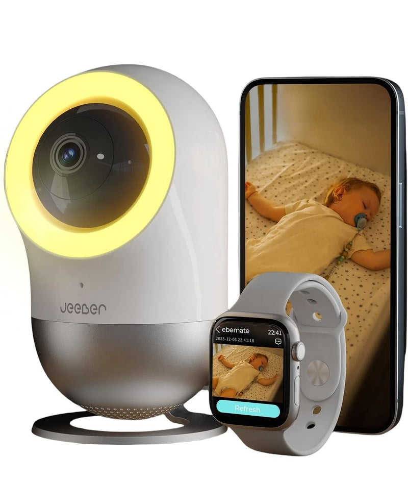 jeeber 2.5K UHD Baby Monitor WiFi Smartphone IP Camera Indoor AI-Tailored Sleep Training Motion & Cry Detection Night Light Real-Time Alerts for Smartwatch (No Subscription)