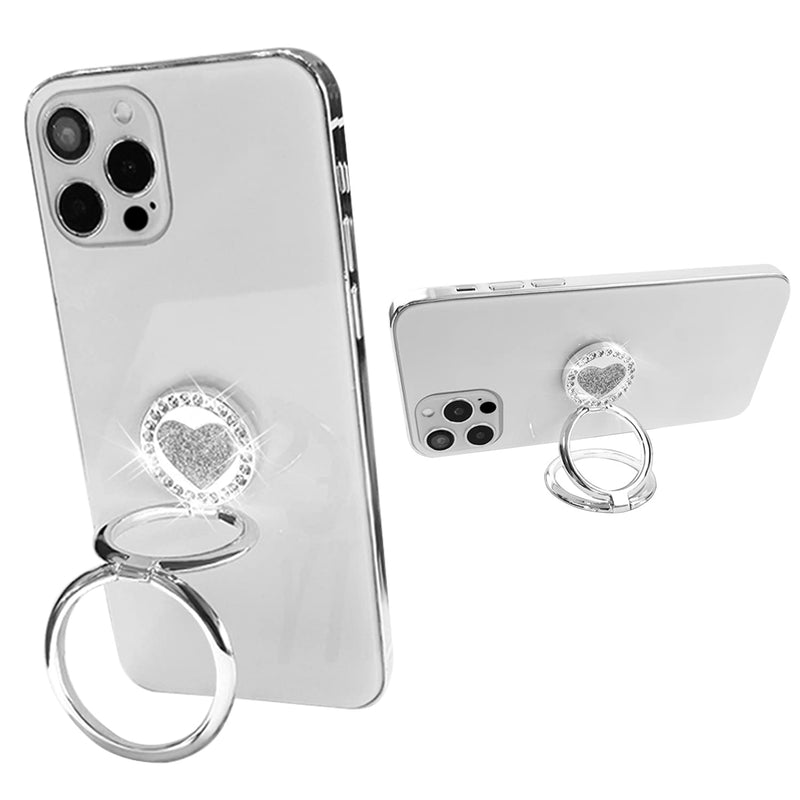 JAHOLAN Phone Ring Holder Finger Kickstand 360° Rotation Cell Phone Ring Holder Stand Metal Phone Back Grip Foldable Cell Phone Stand Compatible with Most Smartphones Silver Love Heart